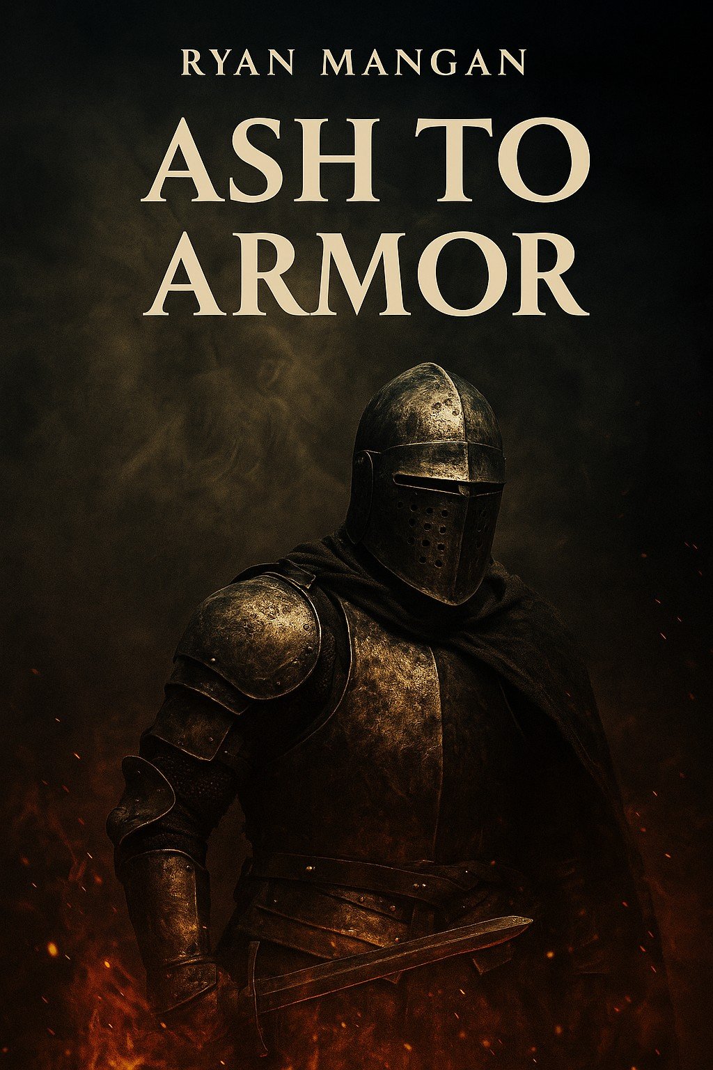 Ash to Armor book cover - A grief recovery battle manual by Ryan Mangan with warrior-themed design featuring title text over dramatic background